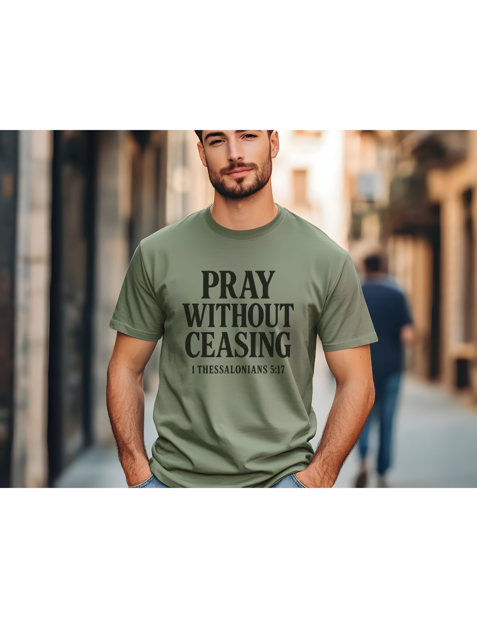Man wearing a sage color tee with the words Pray Without Ceasing, Christian Faith Unisex T-shirt