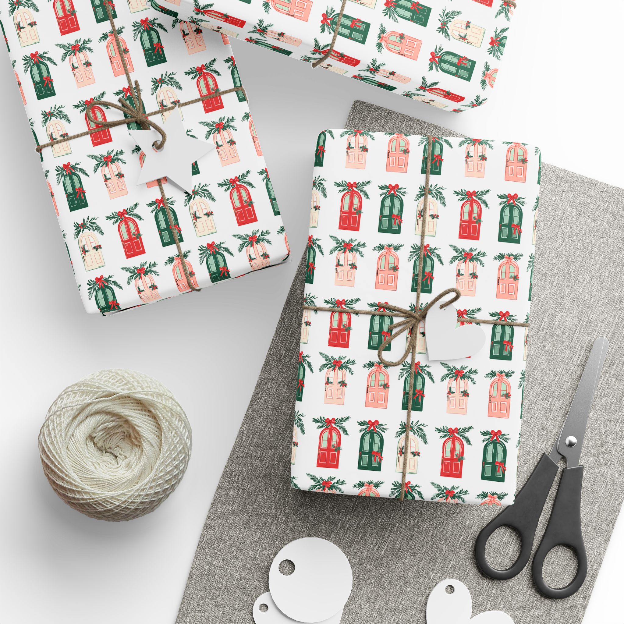Wrappin paper featuring multiple images of doors decorated for Christmas.