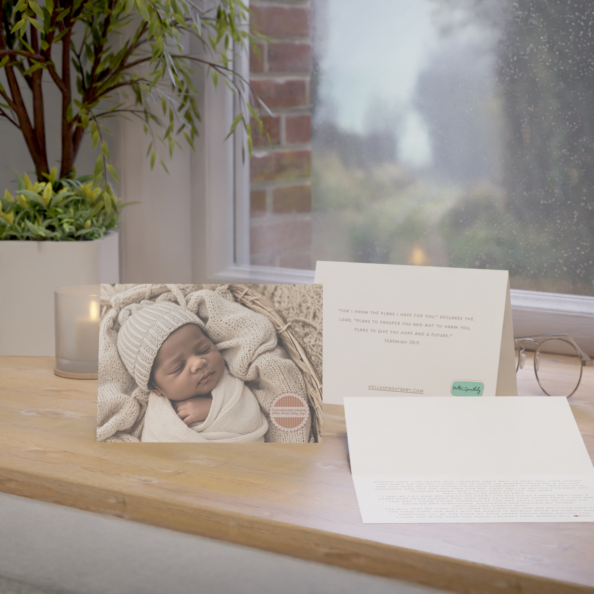 Array of Anytime card with African American appearing baby, inside message and back of card on windowsill with glasses and candle.