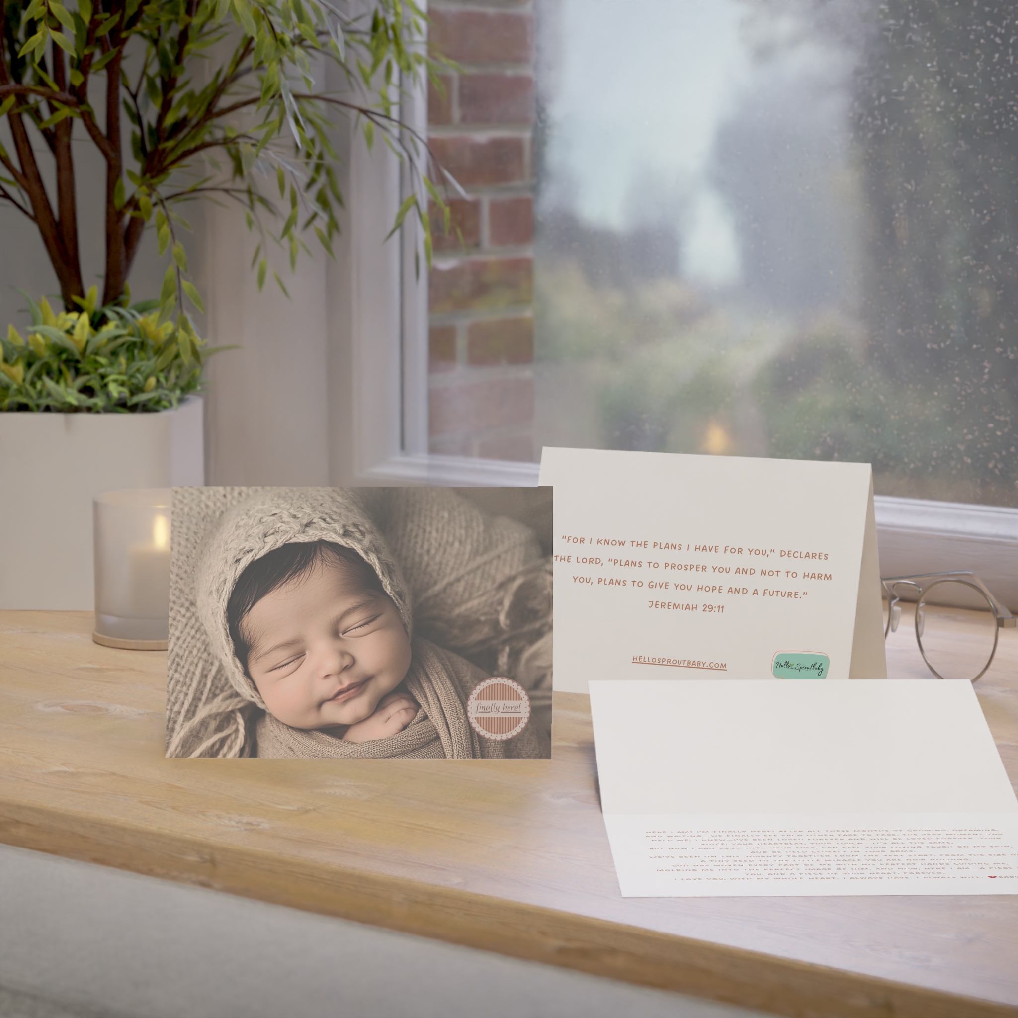 Array of Finally Here card, inside message and back of card on windowsill with glasses and candle.