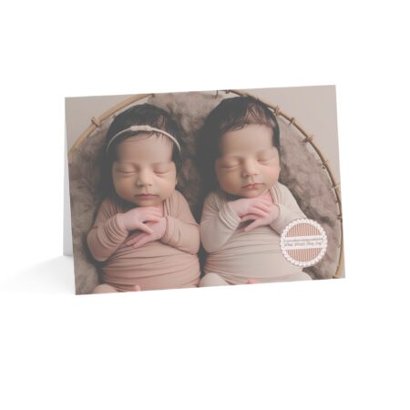 Picture of twin babies on Card, with babies in a beige blanket with the words “If your unborn babies could speak, what would they say?” in a medallion on the front of the card.