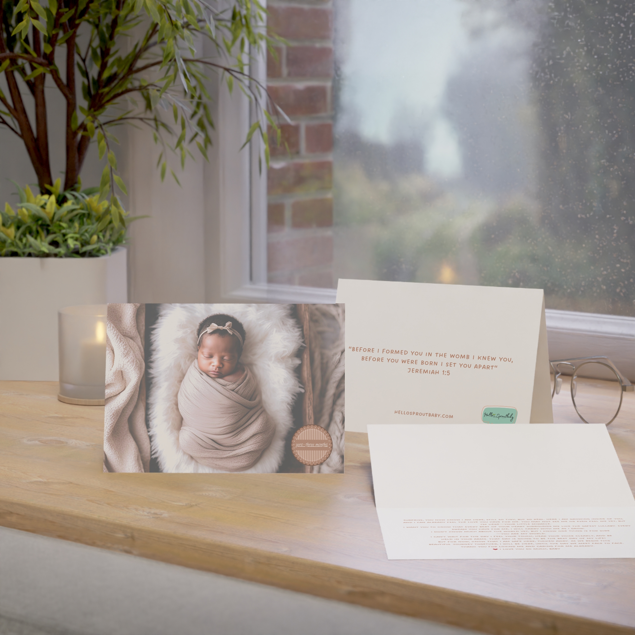 Array of 0-3 month card, inside message and back of card on windowsill with glasses and candle.