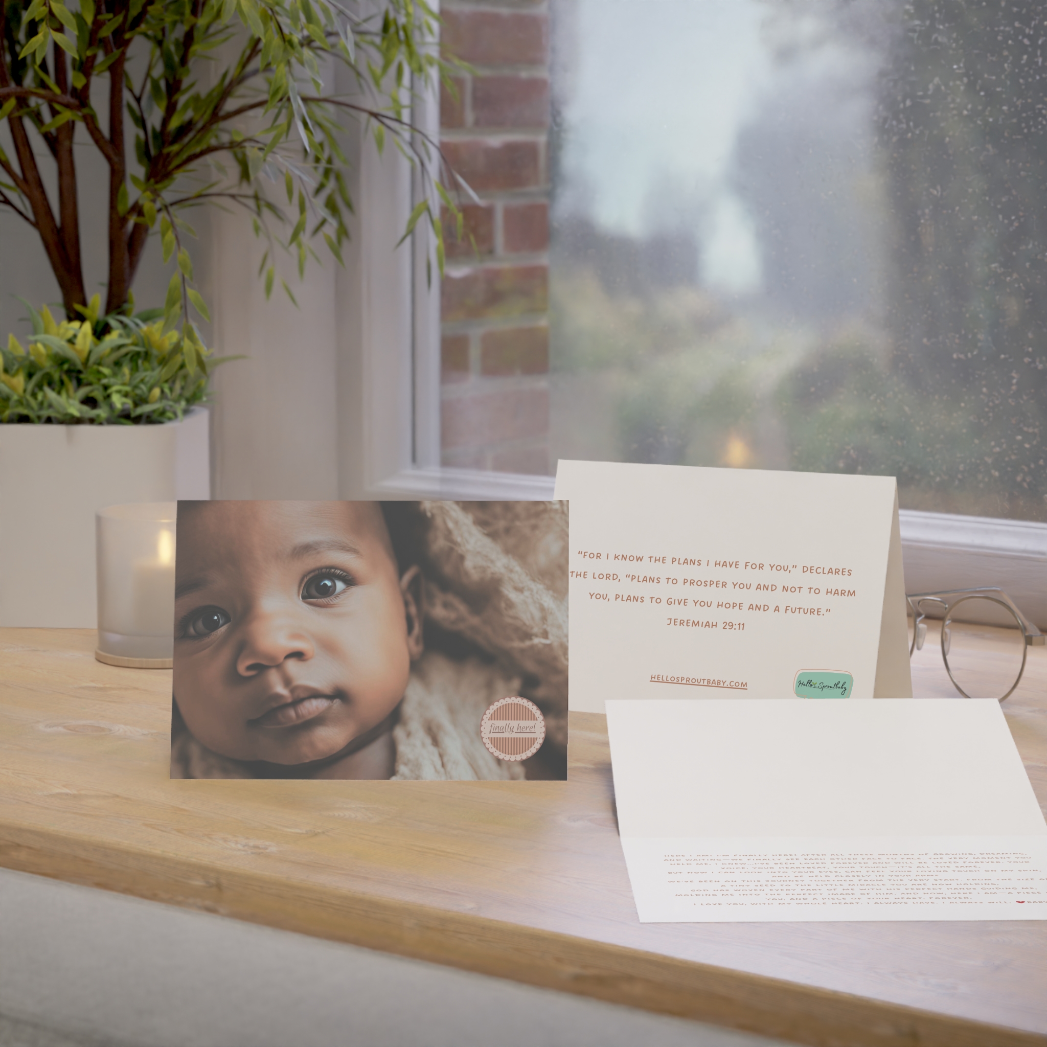 Array of Finally Here card, inside message and back of card on windowsill with glasses and candle.