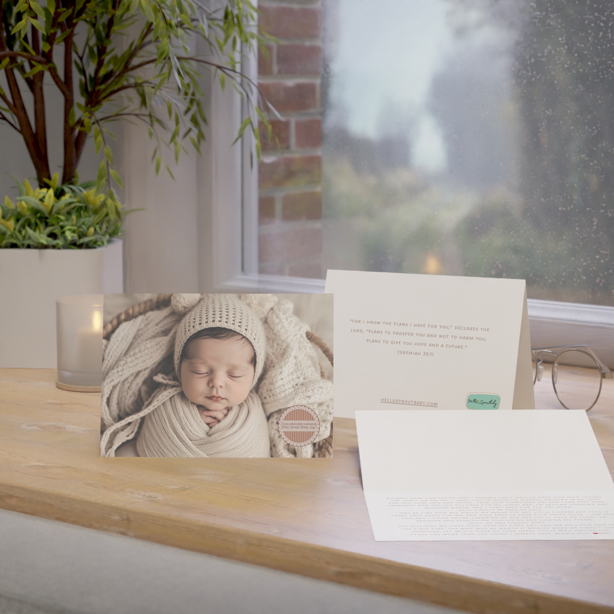 Array of Anytime card with Caucasian appearing baby, inside message and back of card on windowsill with glasses and candle.