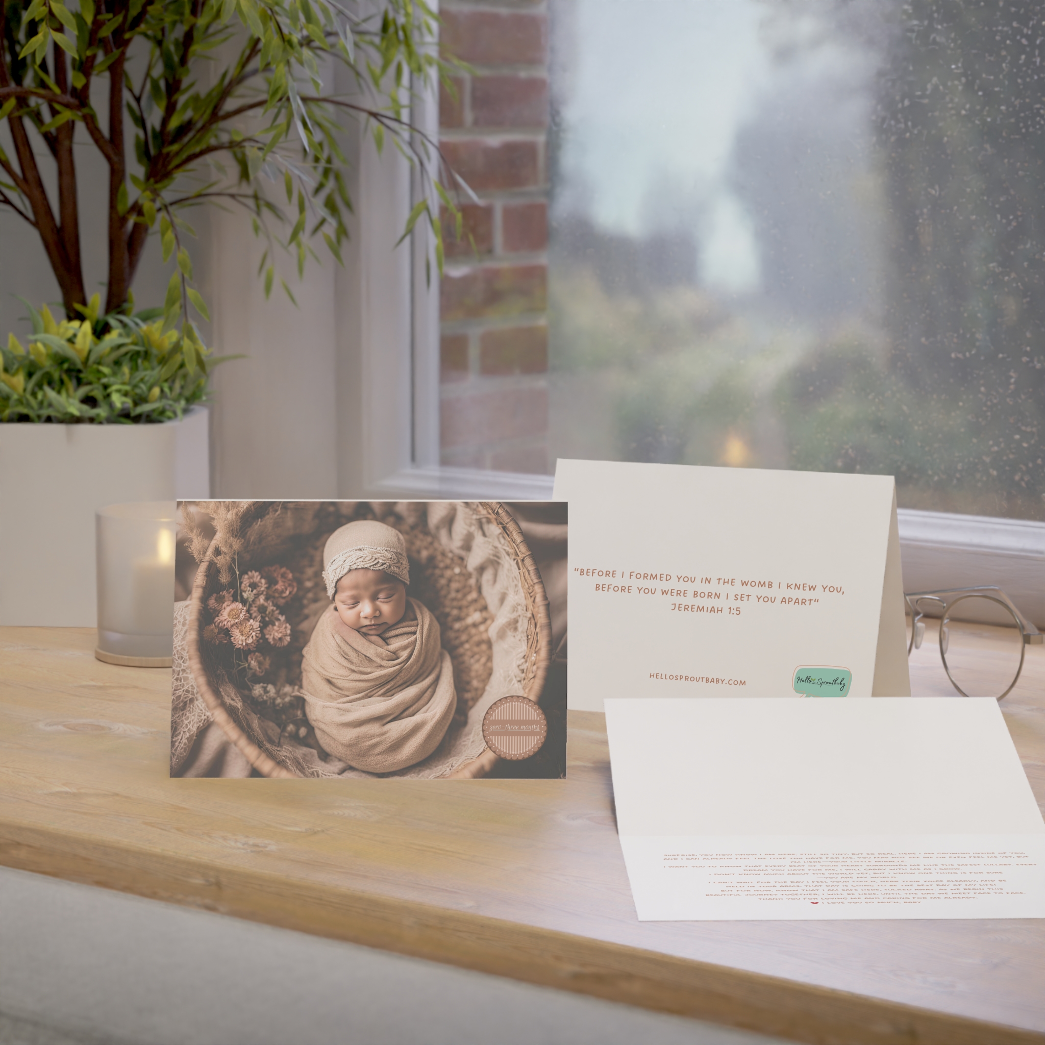 Array of 0-3 month card, inside message and back of card on windowsill with glasses and candle.