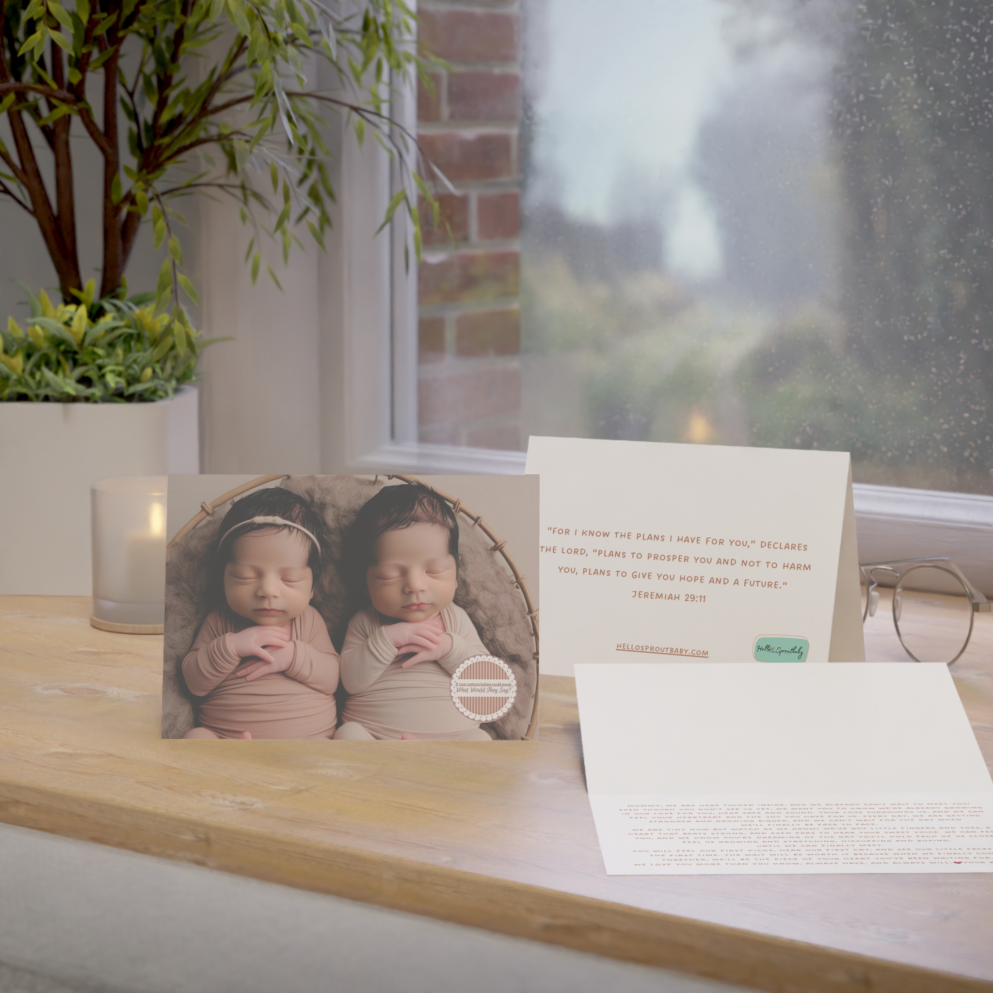 Array of twins baby card, inside message and back of card on windowsill with glasses and candle.