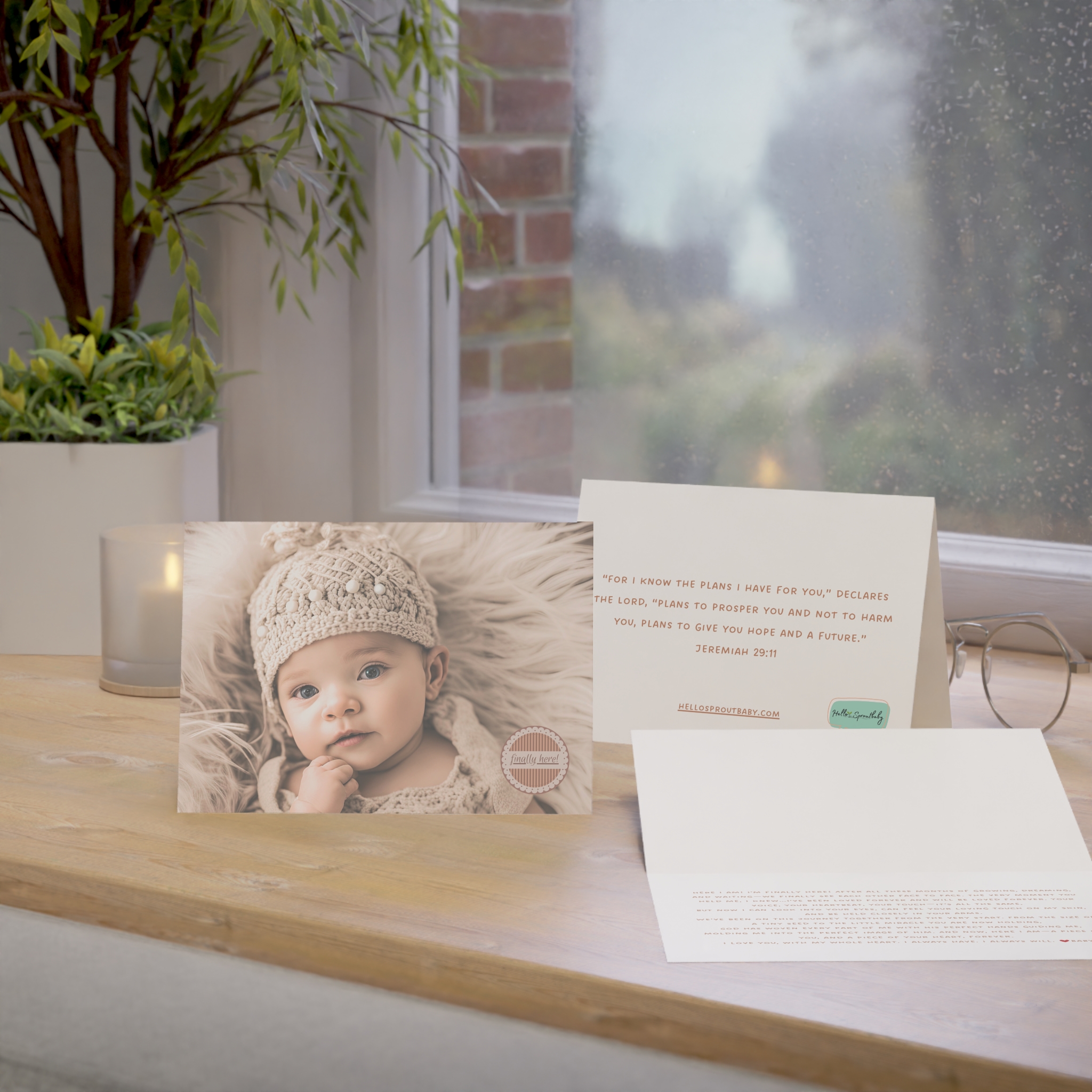 Array of card, inside message and back of card on windowsill with glasses and candle.
