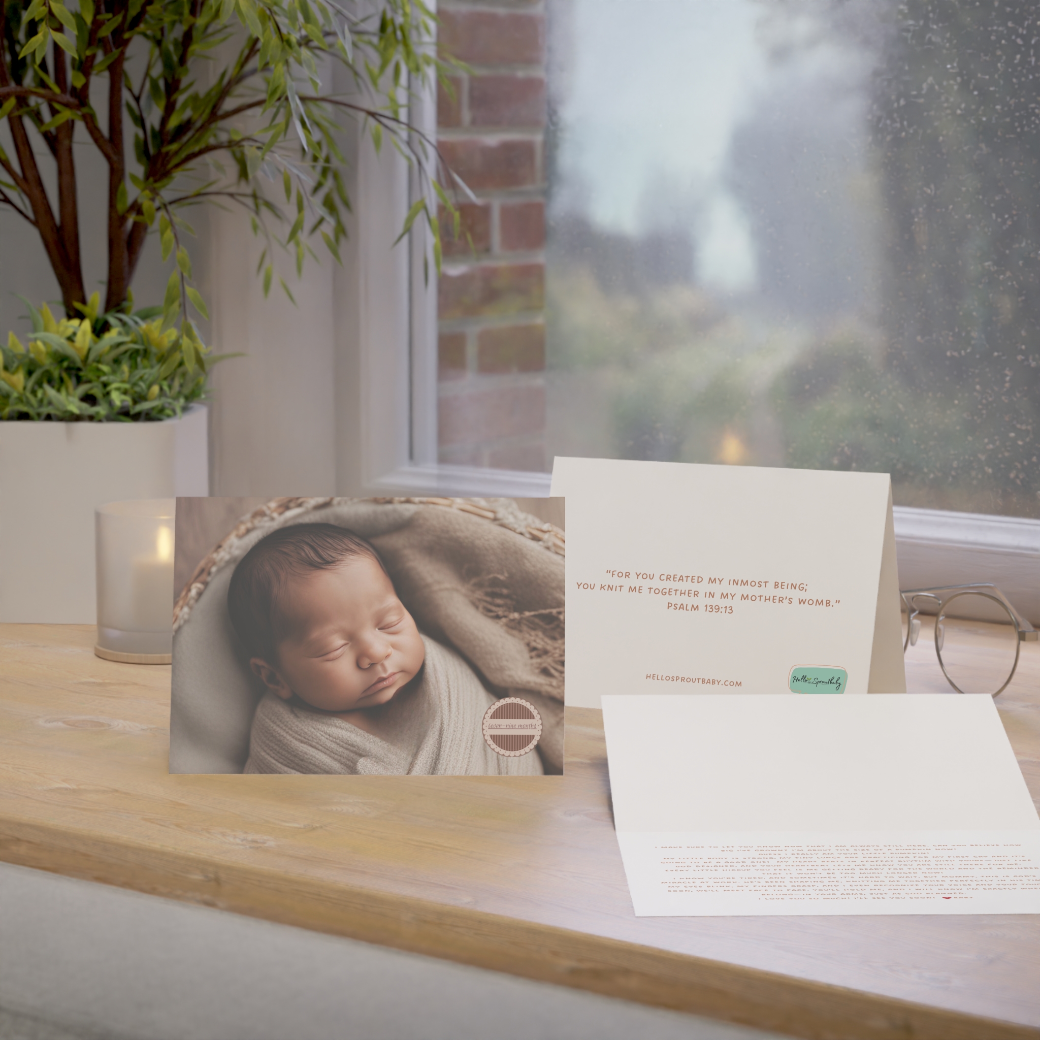 Array of 7-9 month card, inside message and back of card on windowsill with glasses and candle.