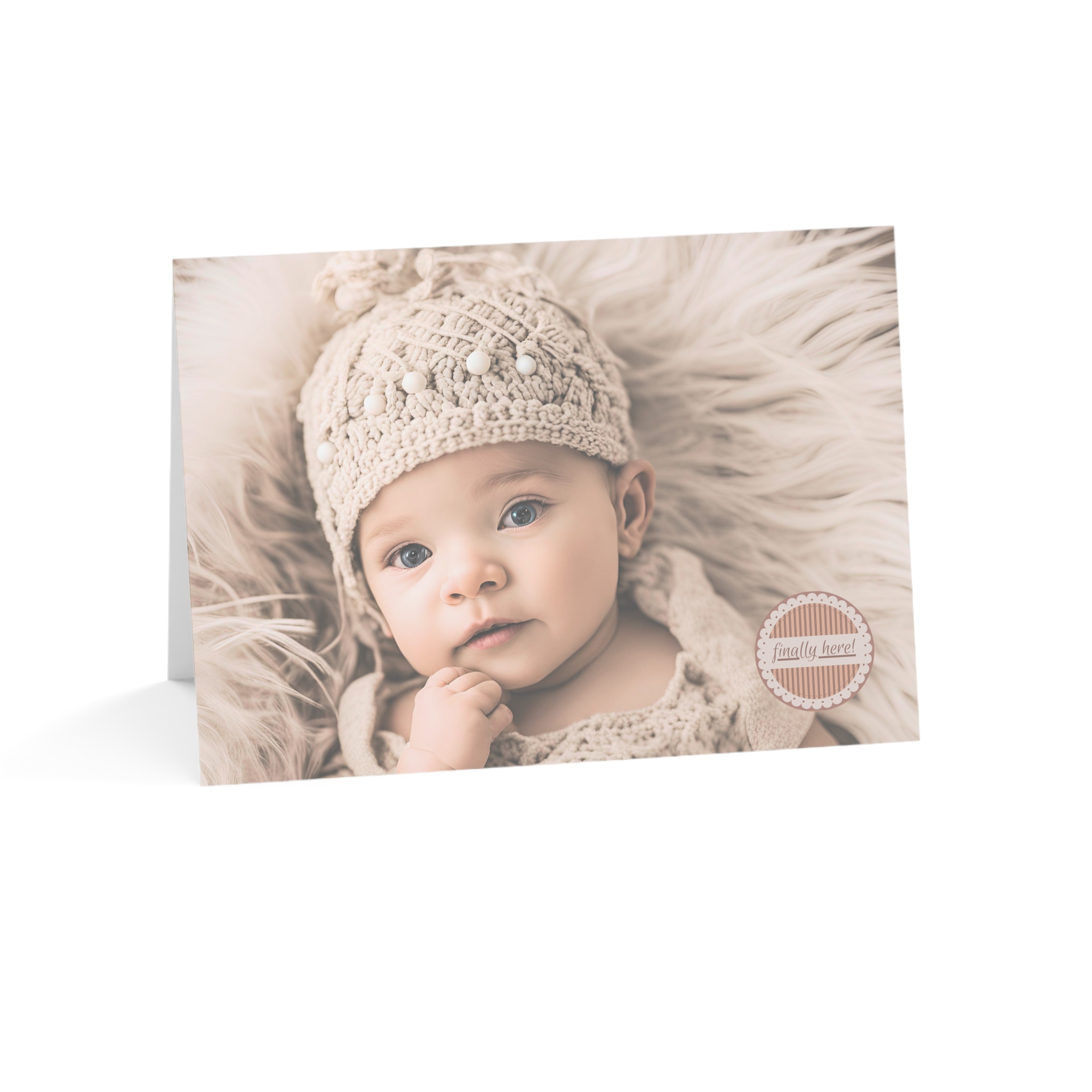 Finally Here card with Caucasian appearing baby wearing a knit hat on a beige blanket with the words Finally Here in a medallion on the front of the card.