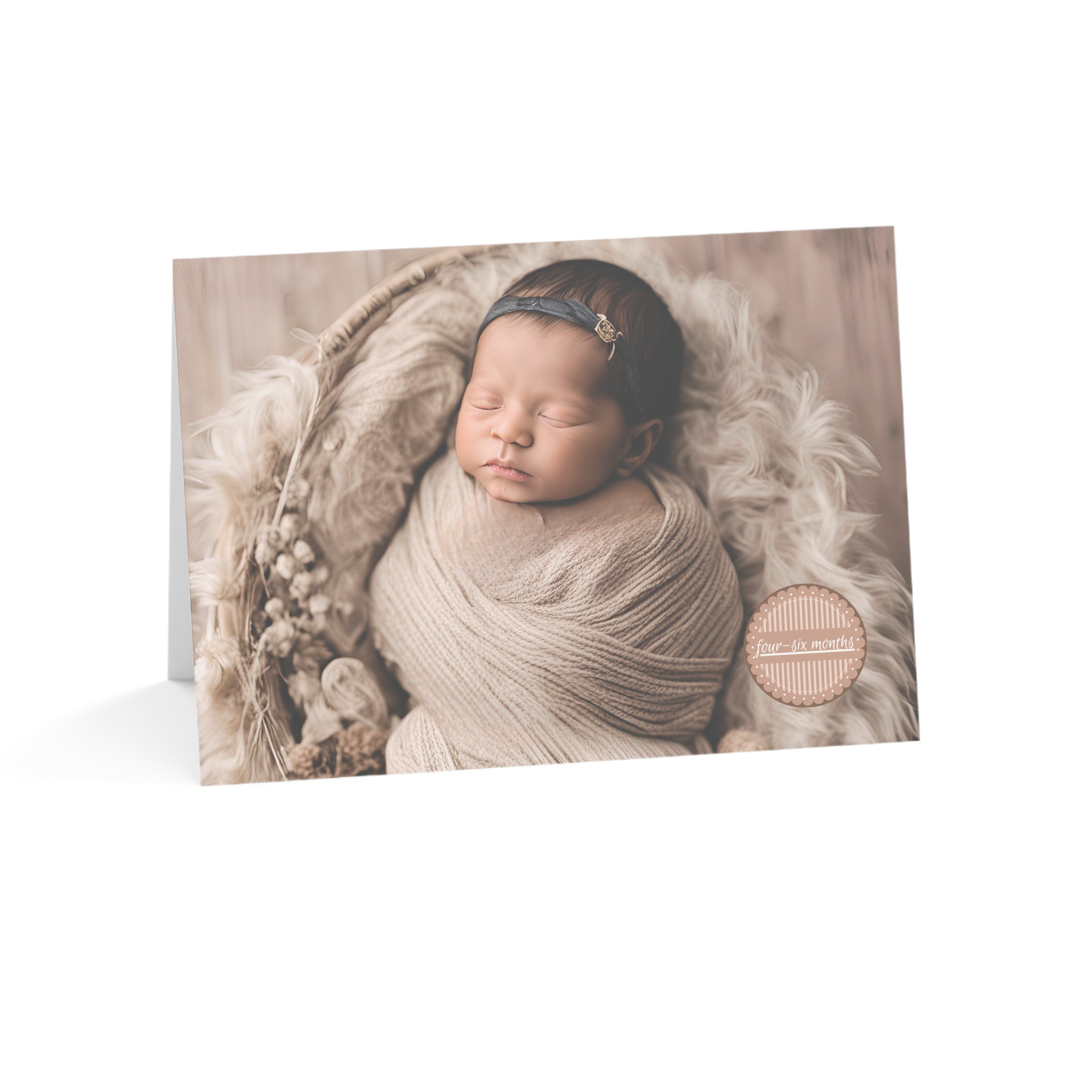 Picture of Hispanic Appearing Baby on Card, 4-6 Months with baby wearing a knit hat on a beige blanket with the words four-six months in a medallion on the front of the card.