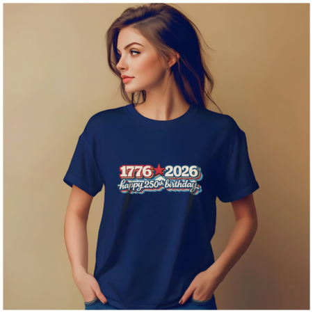 Woman wearing navy 250th Anniversary Patriotic 1776-2026 T-Shirt