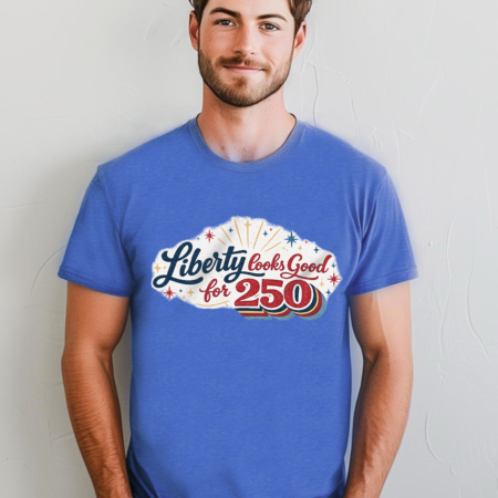 Man wearng blue Liberty Looks Good for 250 Tee