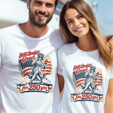 Man and woman wearng Still Lookin Good for 250 Years Vintage American Liberty Tee